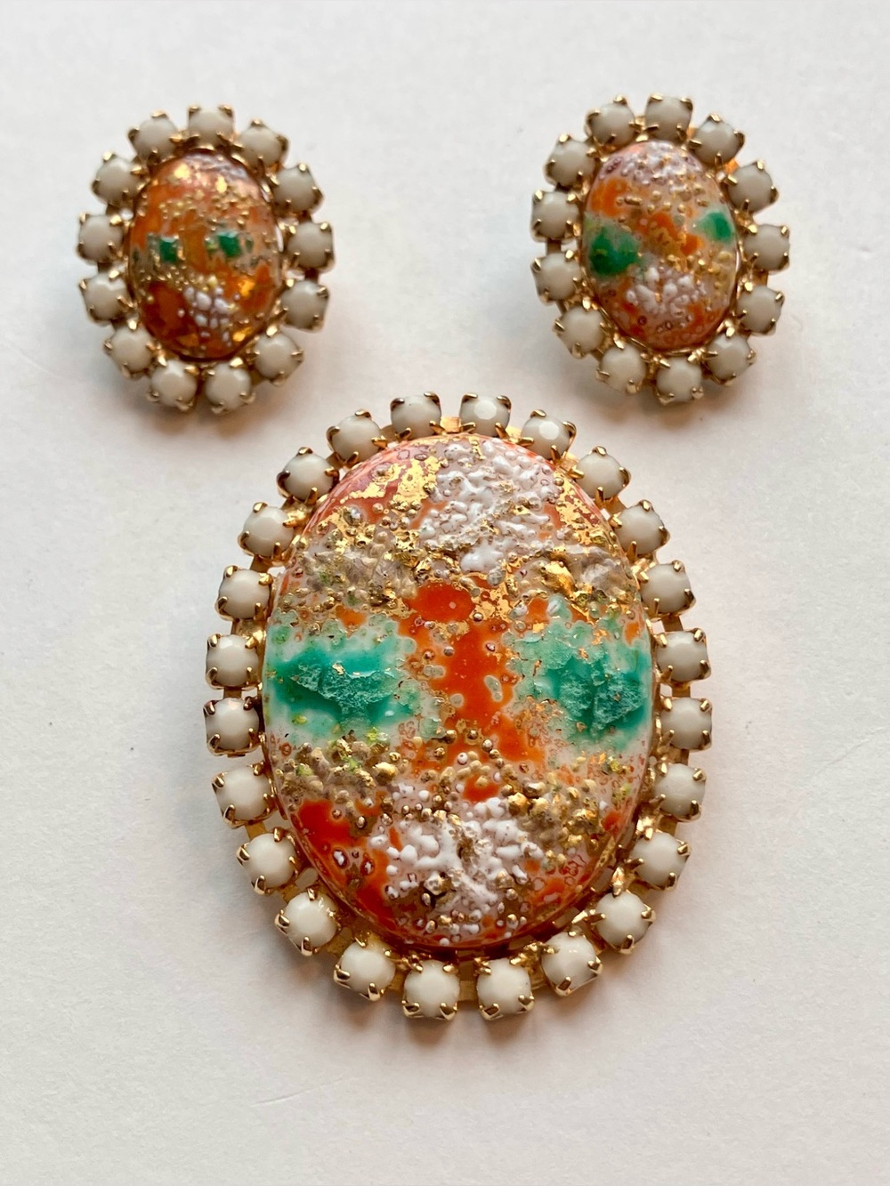 VTG Signed Lorraine Marsel Art Glass Demi-Parure  Brooch or Pendant Earrings Set